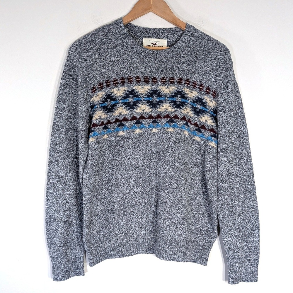 Hollister Gray Aztec Crewneck Sweater; Southwestern Fair Isle Knit Pullover